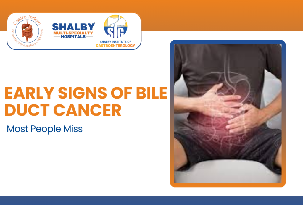 Illustration showing bile duct cancer symptoms like jaundice and abdominal pain with information about bile duct cancer treatment in Indore
