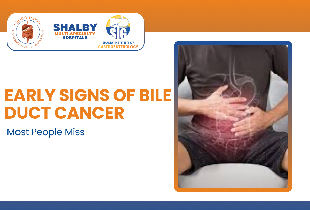 Illustration showing bile duct cancer symptoms like jaundice and abdominal pain with information about bile duct cancer treatment in Indore