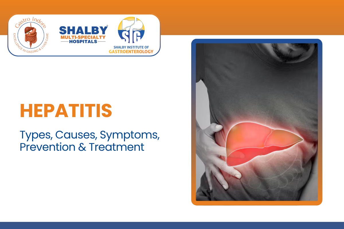 Illustration showing different types of hepatitis with liver health awareness, including causes, symptoms, prevention, and treatment information for digestive and liver care.