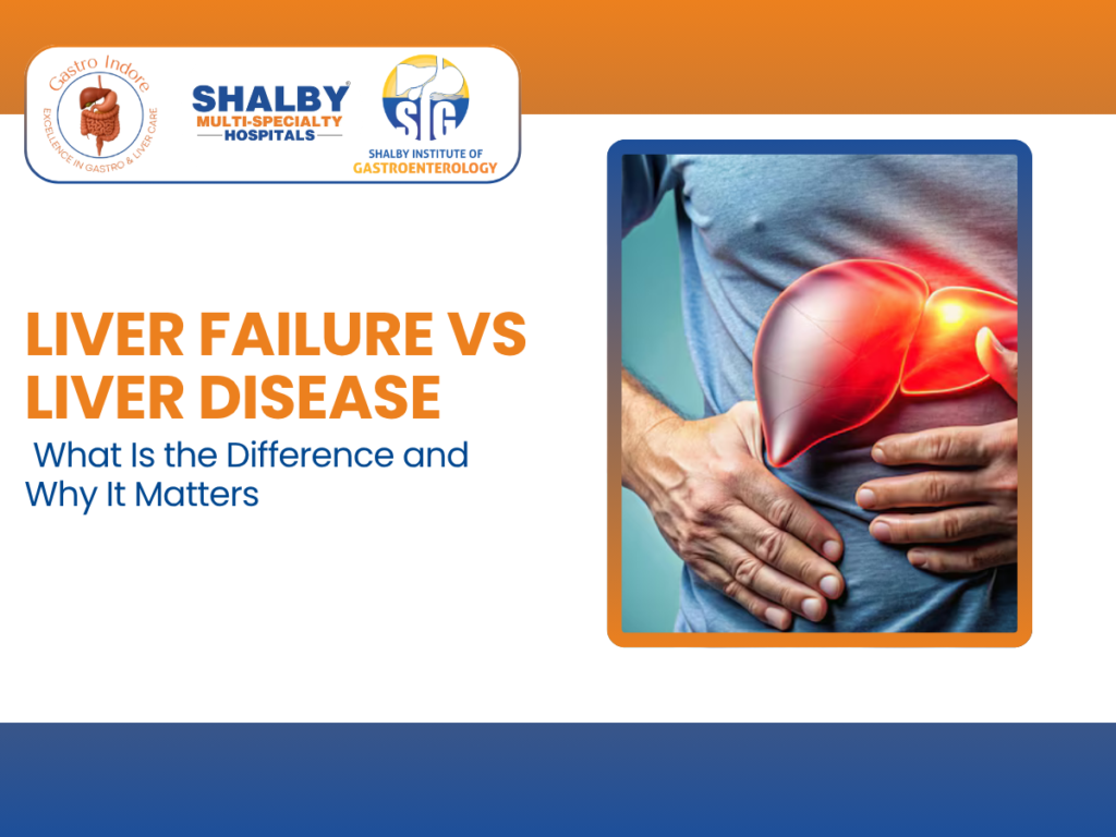 Comparison infographic explaining the key differences between liver disease and liver failure, including symptoms, causes, severity, treatment options, and urgency of medical care in Indore.