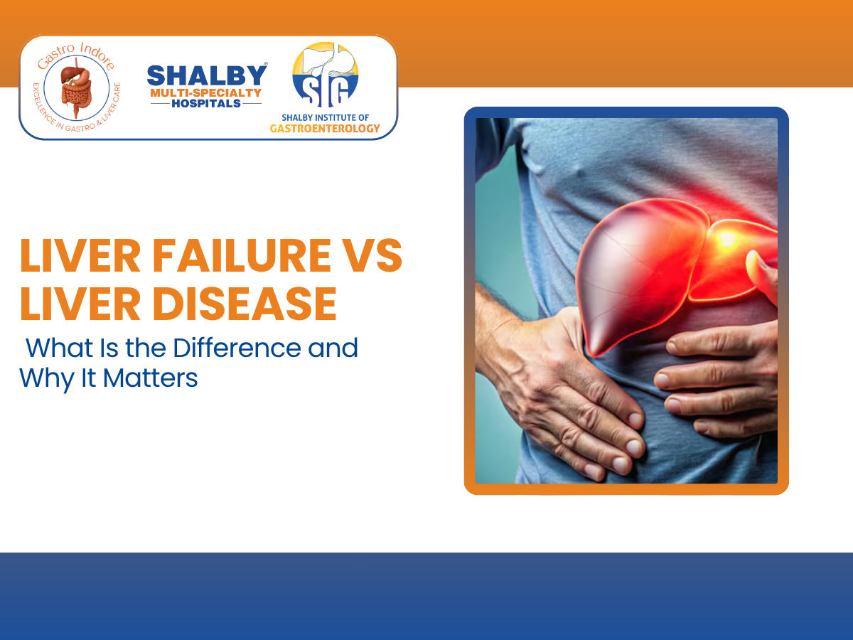 Comparison infographic explaining the key differences between liver disease and liver failure, including symptoms, causes, severity, treatment options, and urgency of medical care in Indore.
